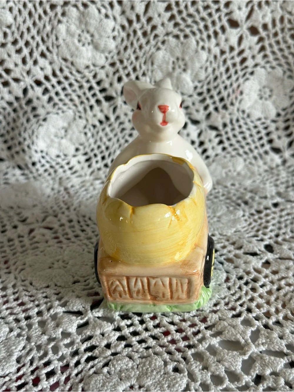 Vintage White Ceramic Bunny Planter with Yellow Egg Cart Wheel, Easter, Spring
